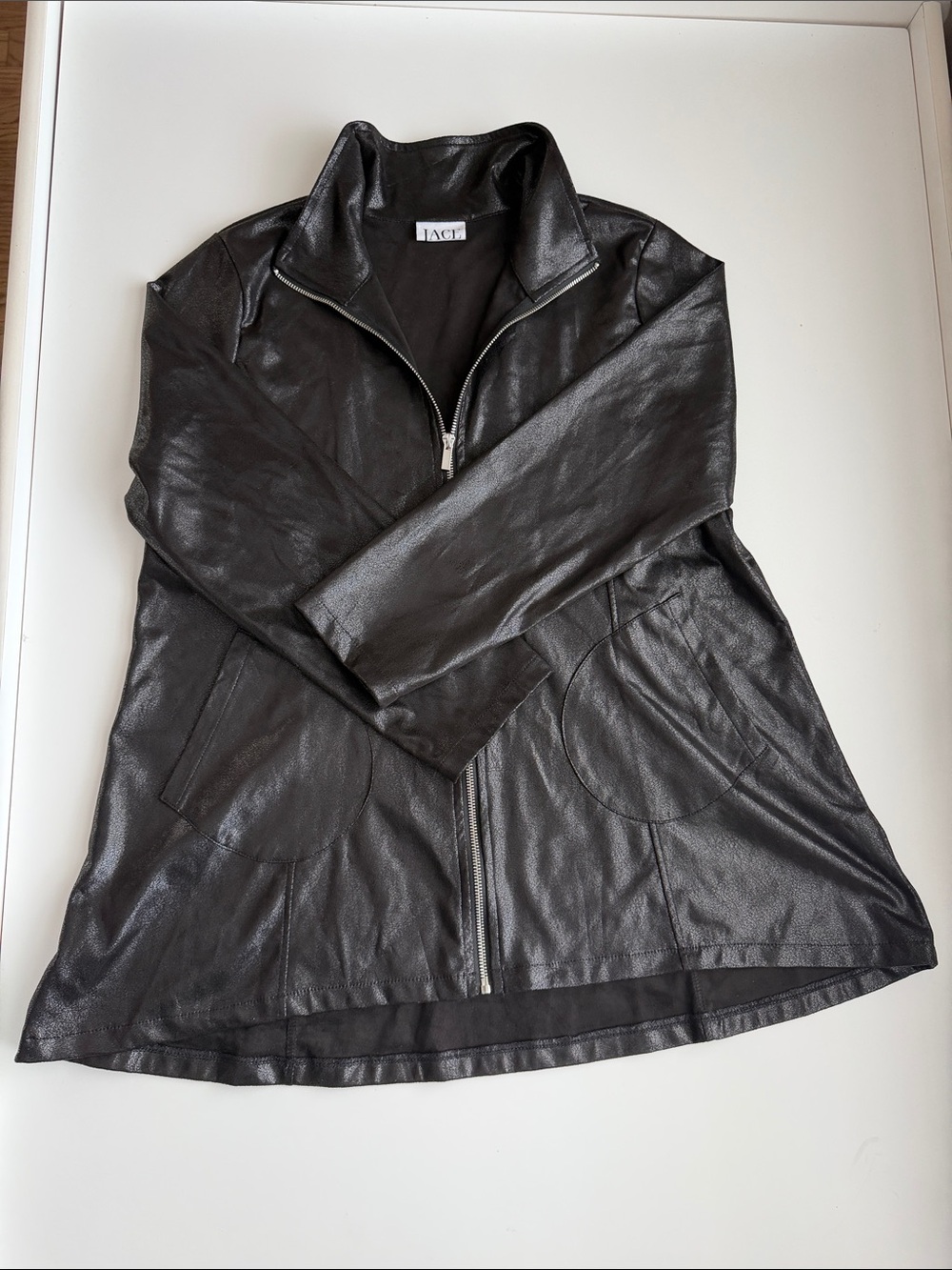 Women's Black Faux Leather Zip Jacket with Stand Collar
